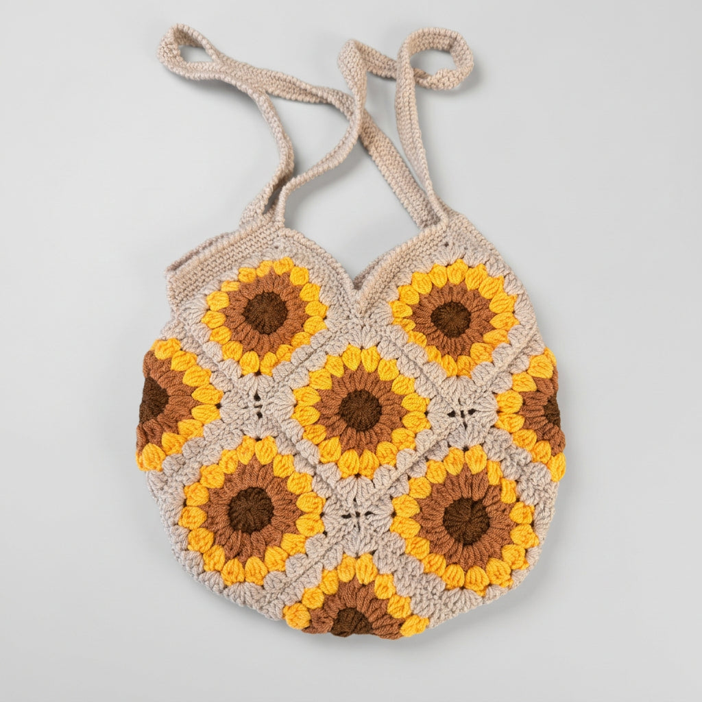 Beige Granny Square Sunflower Bag