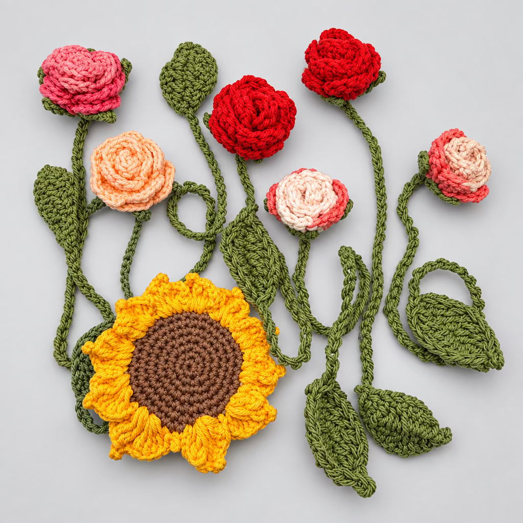 Crocheted flowers and a sunflower on a white background