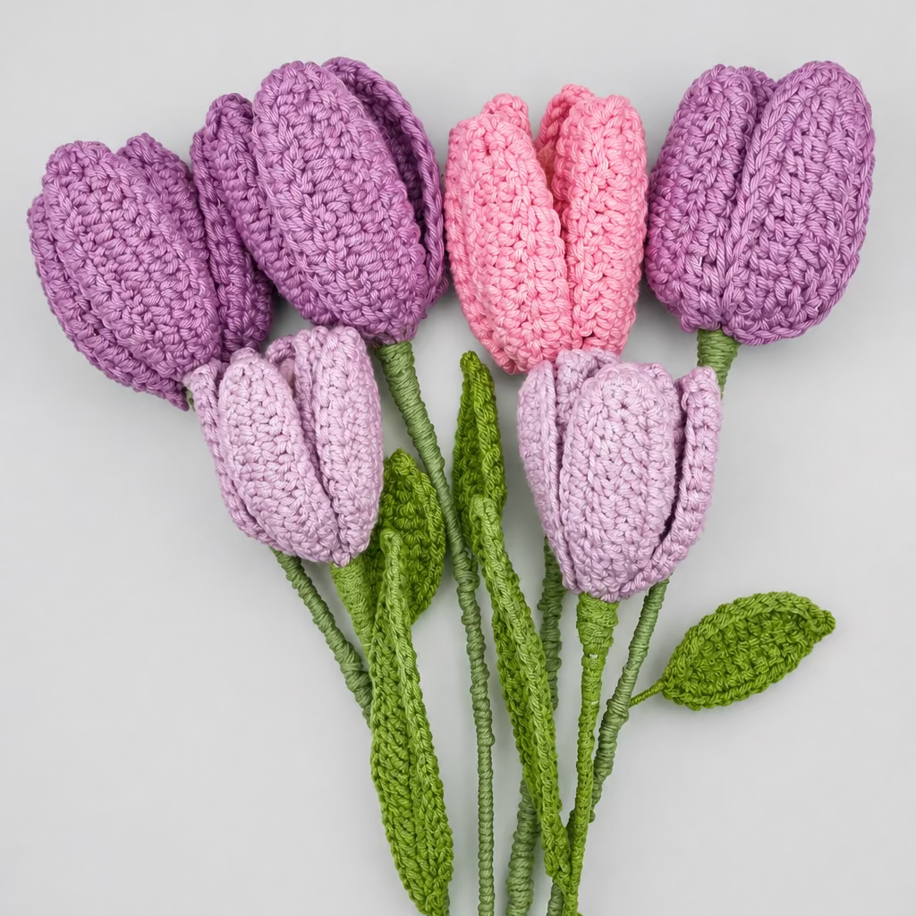 Crochet tulips in purple, pink, and green on a light background