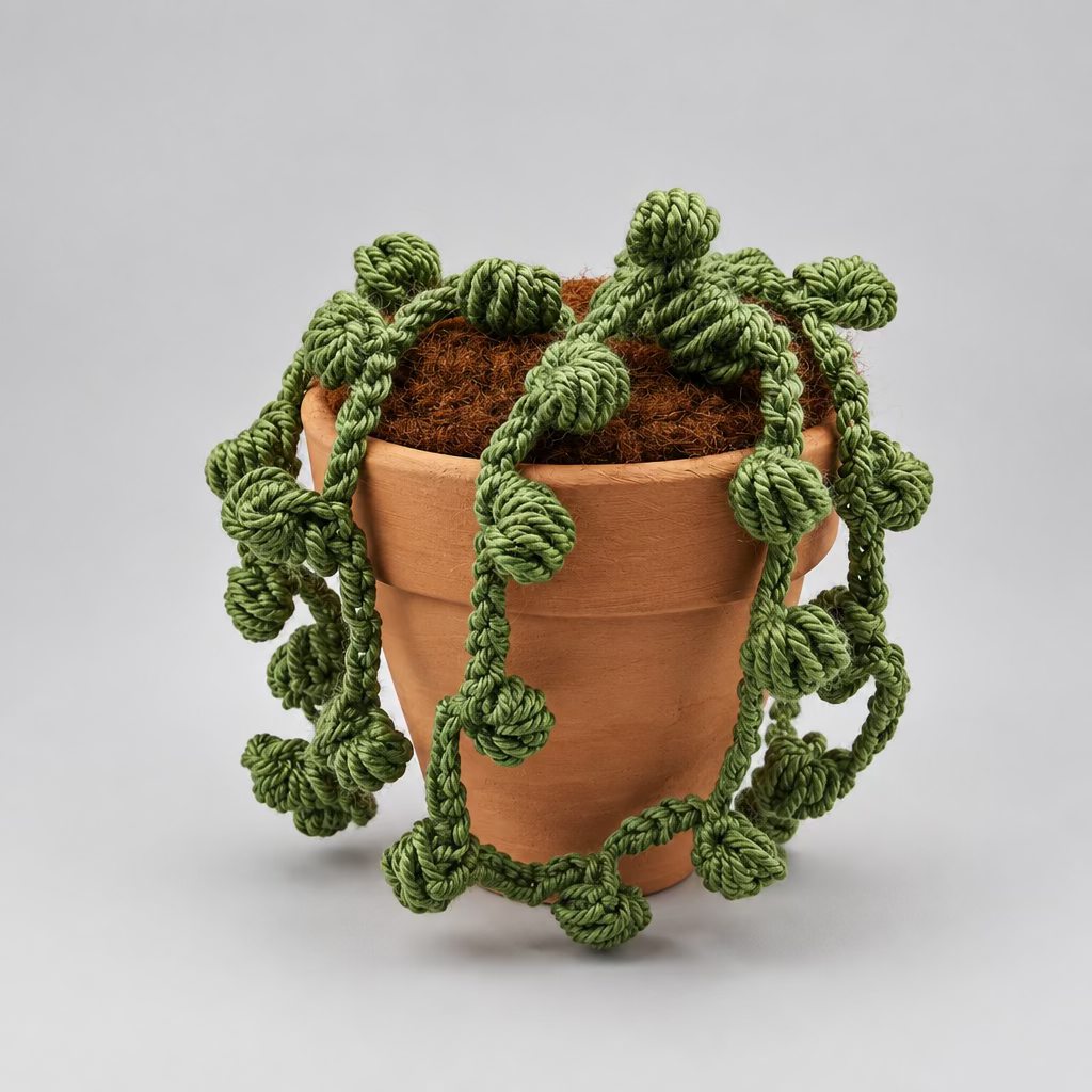 Green string of pearls crochet plant in terracotta pot
