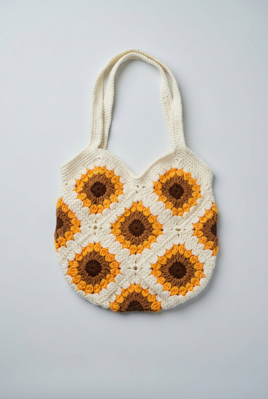 White Sunflower Granny Square Bag